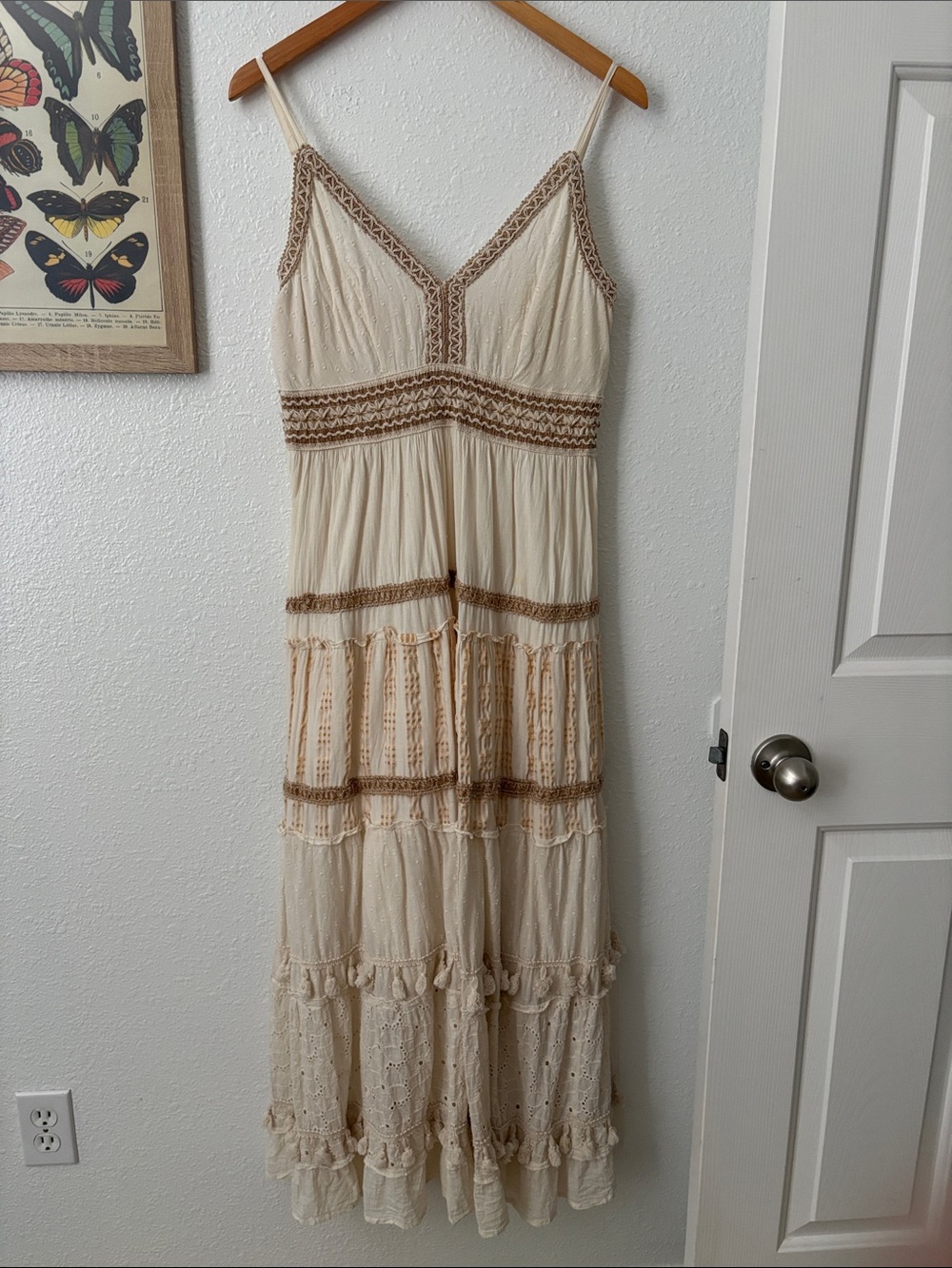 Magic Cream Maxi Dress with Brown Trim